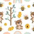 Seamless pattern Bear bees honey vector illustration. Pink and blue trees cloud rainbow